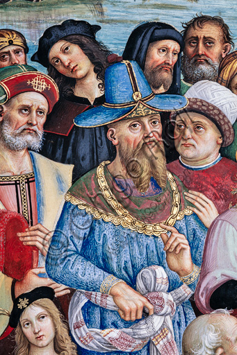 The Piccolomini Library, south west wall: “ Pius II blessing the fleet about to leave from Ancona for the Holy Land”, the last one of the ten stories about Aeneas Sylvius Piccolomini, future Pope Pius II, (1503 - 1508), fresco  by Bernardino di Betto, known as Pinturicchio.  Detail with, at the centre, the blue dressed man Thomas Palaeologus, despot of the Morea.