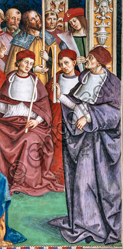 Libreria Piccolomini, parete sud-ovest: “Pio II canonizza S. Caterina da Siena, 29 giugno 1461”, la nona delle dieci storie riguardanti Enea Silvio Piccolomini, futuro papa Pio II, (1503 - 1508), affresco di Bernardino di Betto, detto il Pinturicchio.Particolare con cardinali che assistono alla canonizzazione.