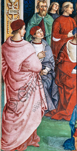 Libreria Piccolomini, parete sud-ovest: “Pio II canonizza S. Caterina da Siena, 29 giugno 1461”, la nona delle dieci storie riguardanti Enea Silvio Piccolomini, futuro papa Pio II, (1503 - 1508), affresco di Bernardino di Betto, detto il Pinturicchio.Particolare con cardinali che assistono alla canonizzazione.