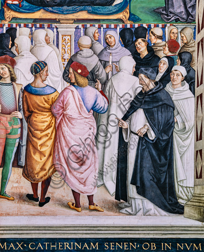 The Piccolomini Library, south west wall: “ Pius II canonizes St. Catherine of Siena, June 29, 1461”, the ninth one of the ten stories about Aeneas Sylvius Piccolomini, future Pope Pius II, (1503 - 1508), fresco  by Bernardino di Betto, known as Pinturicchio. Detail of monks and laymen assisting at the ceremony of canonisation.