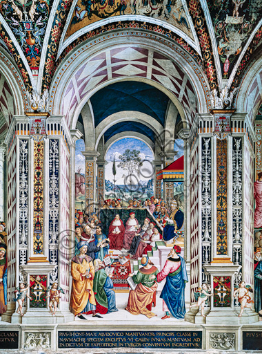 The Piccolomini Library, south west wall: “ Pius II presides over the Diet of Mantua, June1, 1459”, the eighth one of the ten stories about Aeneas Sylvius Piccolomini, future Pope Pius II, (1503 - 1508), fresco  by Bernardino di Betto, known as Pinturicchio.