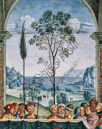 The Piccolomini Library, south west wall: “ Pius II presides over the Diet of Mantua, June1, 1459”, the eighth one of the ten stories about Aeneas Sylvius Piccolomini, future Pope Pius II, (1503 - 1508), fresco  by Bernardino di Betto, known as Pinturicchio. Detail of the landscape in the background.