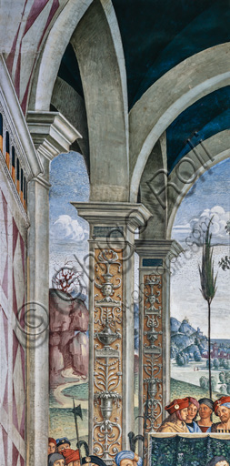 The Piccolomini Library, south west wall: “ Pius II presides over the Diet of Mantua, June1, 1459”, the eighth one of the ten stories about Aeneas Sylvius Piccolomini, future Pope Pius II, (1503 - 1508), fresco  by Bernardino di Betto, known as Pinturicchio. Detail of the architecture of the Hall of the Council.