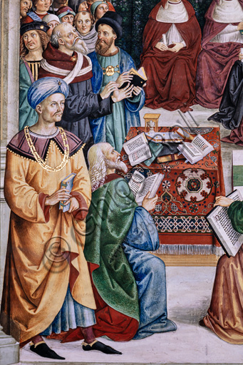The Piccolomini Library, south west wall: “ Pius II presides over the Diet of Mantua, June1, 1459”, the eighth one of the ten stories about Aeneas Sylvius Piccolomini, future Pope Pius II, (1503 - 1508), fresco  by Bernardino di Betto, known as Pinturicchio. Detail of scholars in oriental dress in the foreground.