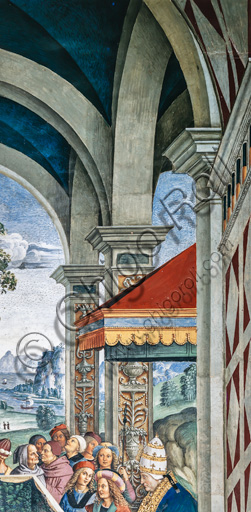 The Piccolomini Library, south west wall: “ Pius II presides over the Diet of Mantua, June1, 1459”, the eighth one of the ten stories about Aeneas Sylvius Piccolomini, future Pope Pius II, (1503 - 1508), fresco  by Bernardino di Betto, known as Pinturicchio. Detail of the architecture of the Hall of the Council.