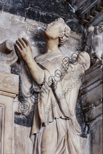 Libreria Piccolomini, prospetto marmoreo esterno della facciata: “Memoria sepolcrale di Bandino e Fermanico Bandini”, opera di scultori senesi del Cinquecento. Particolare dell’angelo di destra.