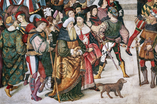 Libreria Piccolomini, registro superiore esterno: “Incoronazione di Pio III (8 ottobre 1503)”, affresco di Bernardino di Betto, detto il Pinturicchio. Particolare con la folla di spettatori tenuta a freno da una guardia.
