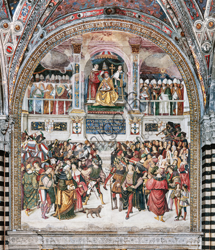 The Piccolomini Library, the exterior upper register: “Coronation of Pope Pius III (October 8, 1503)”, fresco by Bernardino di Betto, known as Pinturicchio.
