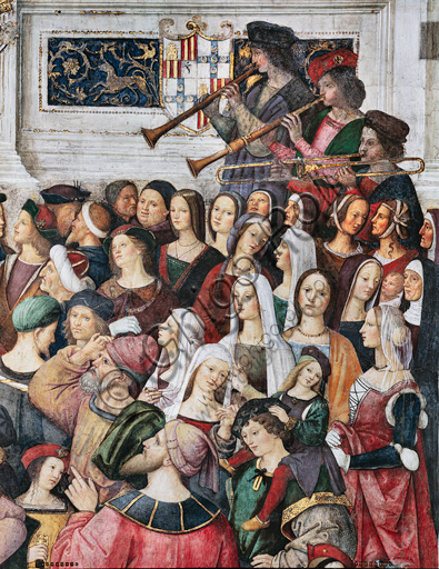 Libreria Piccolomini, registro superiore esterno: “Incoronazione di Pio III (8 ottobre 1503)”, affresco di Bernardino di Betto, detto il Pinturicchio. Particolare con giovani donne e una monaca. 