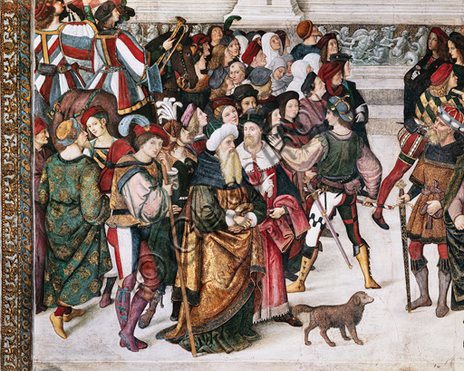 Libreria Piccolomini, registro superiore esterno: “Incoronazione di Pio III (8 ottobre 1503)”, affresco di Bernardino di Betto, detto il Pinturicchio. Particolare con la folla di spettatori tenuti a freno da due guardie.