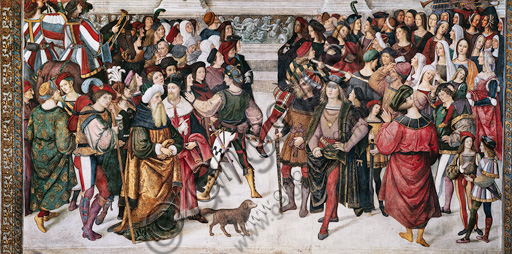 The Piccolomini Library, the exterior upper register: “Coronation of Pope Pius III (October 8, 1503)”, fresco by Bernardino  di Betto, known as Pinturicchio. Detail of the crowd of spectators held back by two guards.