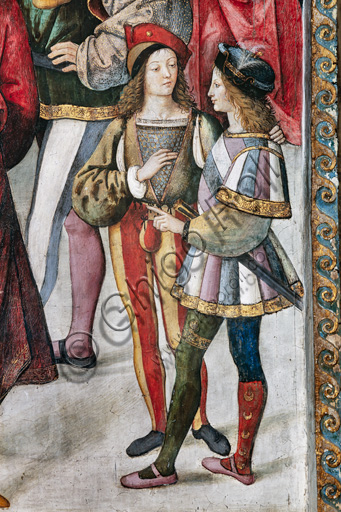 The Piccolomini Library, the exterior upper register: “Coronation of Pope Pius III (October 8, 1503)”, fresco by Bernardino  di Betto, known as Pinturicchio. Detail of two young men of the Piccolomini family.