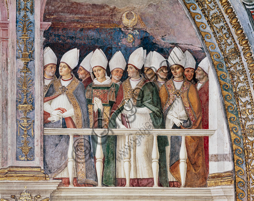 The Piccolomini Library, the exterior upper register: “Coronation of Pope Pius III (October 8, 1503)”, fresco by Bernardino  di Betto, known as Pinturicchio. Detail of a group of cardinals on the papal dais.