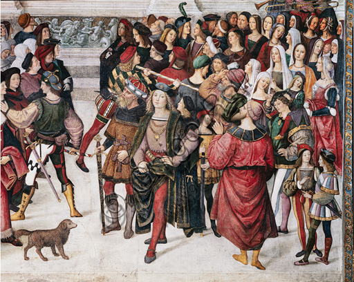 The Piccolomini Library, the exterior upper register: “Coronation of Pope Pius III (October 8, 1503)”, fresco by Bernardino  di Betto, known as Pinturicchio. Detail of the crowd of spectators held back by two guards.