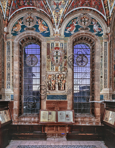 The Piccolomini Library, north west wall: overall view of the wall in the Library, where you can see the ten stories about Aeneas Sylvius Piccolomini, future Pope Pius II, (1503 - 1508), frescoes  by Bernardino di Betto, known as Pinturicchio.