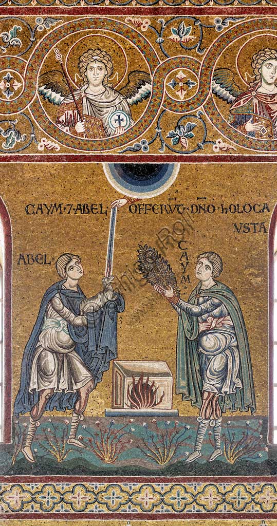  Monreale, Duomo: "The offer of Cain and Abel", Byzantine mosaic, Old Testament Cycle - Earthly Paradise, XII - XIII century.Latin inscription: "CAYM ET ABEL OFFERUNT DOMINO HOLOCAUSTA"