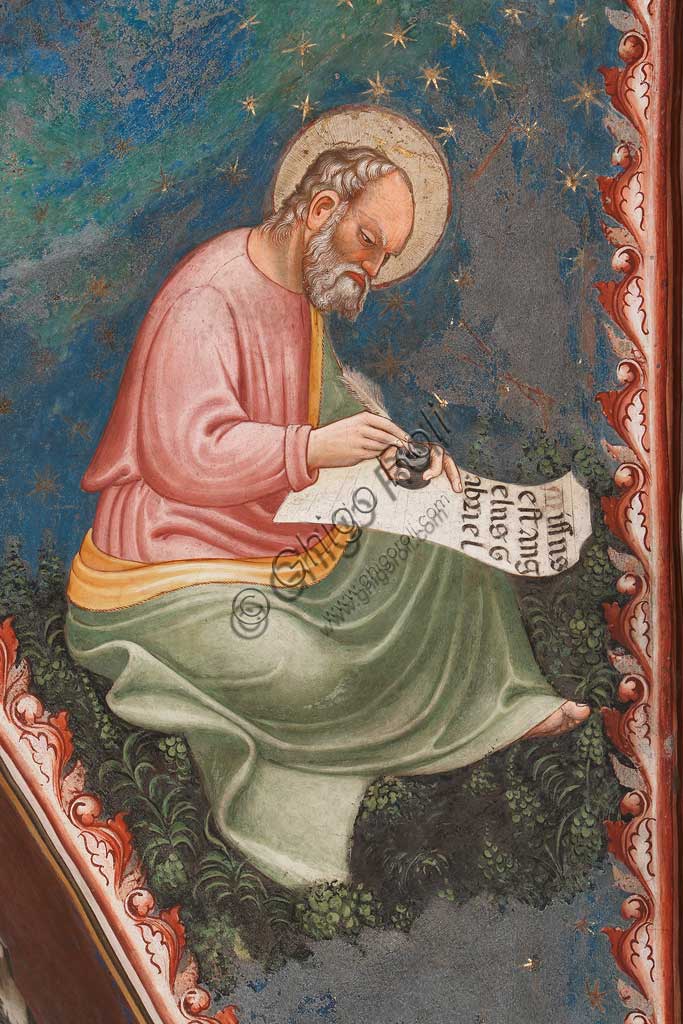 Vignola Stronghold, the Contrari Chapel, Northern wall: "St. Luke Evangelist", writing " Missus est angelus Gabriel". Fresco by the Master of Vignola, about 1420.