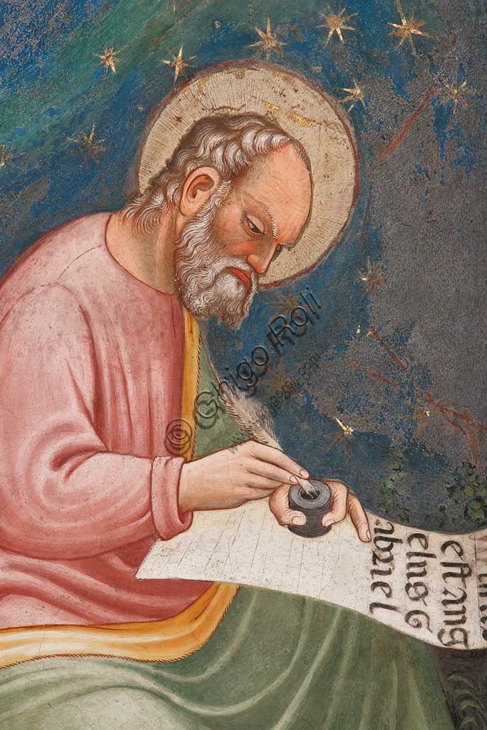 Vignola Stronghold, the Contrari Chapel, Northern wall: "St. Luke Evangelist", writing " Missus est angelus Gabriel". Fresco by the Master of Vignola, about 1420. Detail.