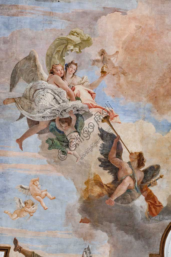 Villa Cordellina, salone centrale, il soffitto:  "La luce dell'intelligenza vince le tenebre dell'ignoranza",  affresco di Giambattista Tiepolo, 1743.  Particolare con angelo musicante.