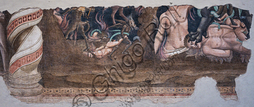 Basilica of the Holy Cross: "Lucifer clutching two Giants and Antenor",  fragment from the cycle of detached frescoes "The Triumph of Death, Last Judgement and Hell", by Andrea Orcagna, about 1350,