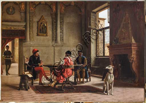 Assicoop - Unipol Collection: Albano Lugli, "Ludovico Ariosto as ambassador meeting Alberto Pio". Oil painting on canvas, cm 140 x 195.