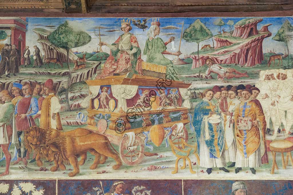 Ferrara, Palazzo Schifanoia, Salone dei Mesi, Parete Nord: "Luglio", con il trionfo di Giove e Cibele,  su progetto di Cosmé Tura e realizzato da pittori di scuola ferrarese, circa 1468 - 1470. 