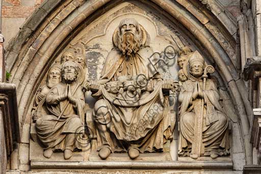 Ferrara, the Cathedral dedicated to St. George, façade detail with lunette of the Chosen.