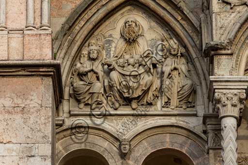 Ferrara, the Cathedral dedicated to St. George, façade detail with lunette of the Chosen.