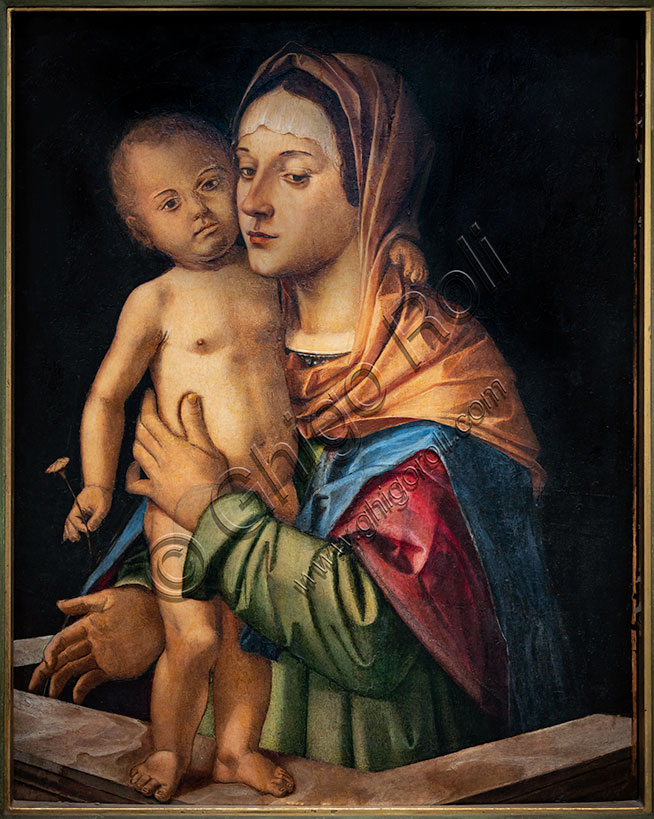 “Madonna with infant Jesus standing on a balustrade”, by Bartolomeo Montagna, oil painting on panel, beginning XVI century.