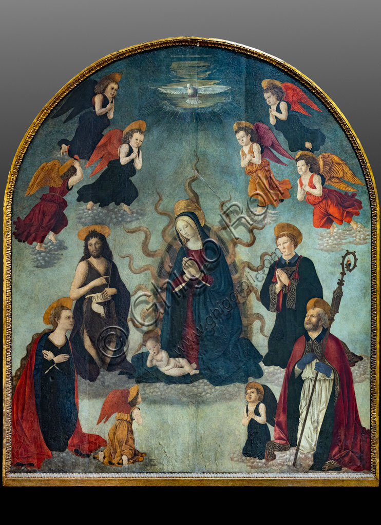 "Madonna and Child with Saints", oil painting on panel by Alessio Baldovinetti and Giovanni di Michele Scheggini da Larciano known as Graffione (1470-1485) reproducing a host of Angels in adoration with the Saints Ambrose, John the Baptist, Catherine, Lawrence, who surround a radiant Nativity.Florence, Church of St. Ambrose.