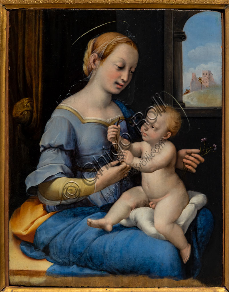 Brescia, Pinacoteca Tosio Martinengo: "Madonna of the pInks", by Raffaello Sanzio's worskhop, 1520-30- Oil painting on panel.