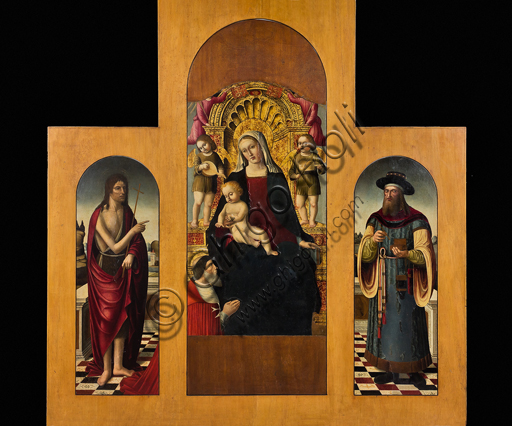 Genova, Museo Diocesano:   "Madonna della Vittoria", trittico di Giovanni Barbagelata, 1503. La Vergine è con Pierre d’ Aubusson e ai lati sono rappresentati San Giovanni Battista e San Pantaleone.