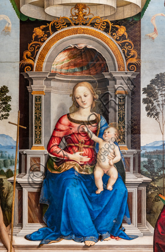 Perugia, Galleria Nazionale dell'Umbria: Pala di S. Girolamo, di Giovan Battista Caporali, 1510-5, tempera su tavola. Particolare con Madonna e Bambino.
