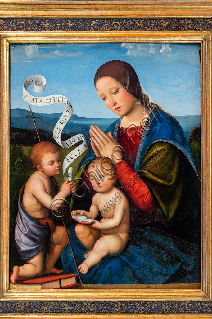 Brescia, Pinacoteca Tosio Martinengo: "Madonna con il Bambino e S. Giovannino", di Francesco de Raibolini, detto Francesco Francia, 1500 - 1505. Olio su tavola.