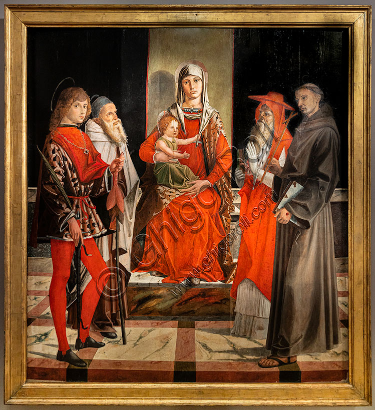 “Enthroned Madonna with infant Jesus among Saints Ansanus, Anthony the Great, Jerome and Francis”, by Bartolomeo Montagna, oil painting on panel, 1475-80.