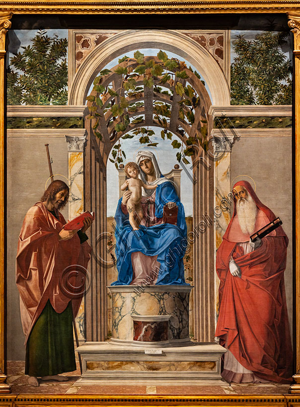 “Madonna in trono con Bambino tra i santi Giacomo e Girolamo”, di Giambattista Cima da Conegliano, dipinto a olio su tela, 1489. 