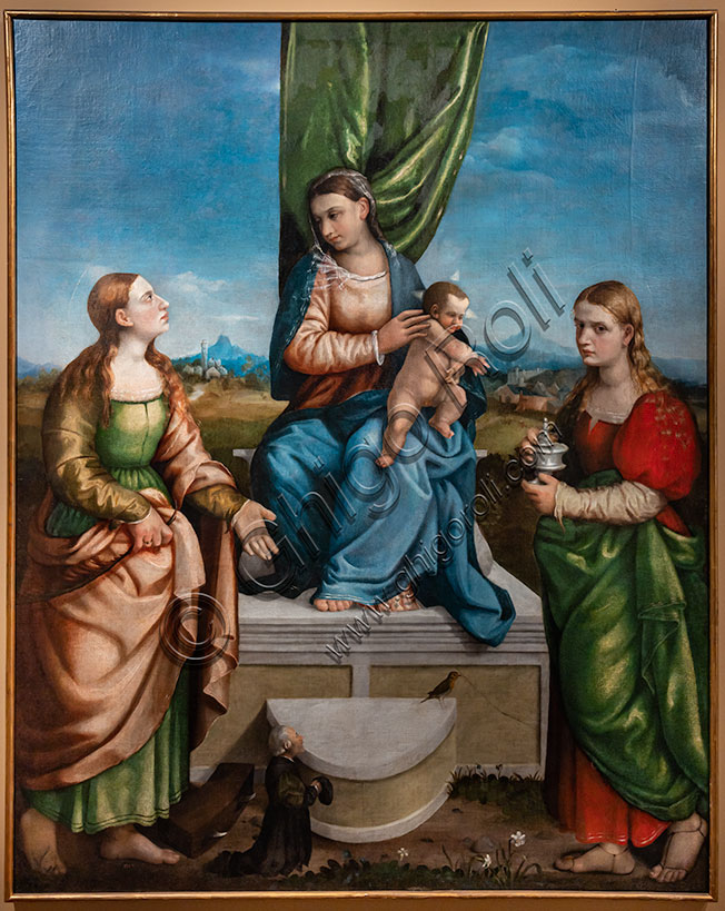 “Enthroned Madonna with Infant Jesus between saints Catherine and Mary Magdalene”, by Jacopo dal Ponte detto Bassano, oil painting on canvas, third decade of the XVI century.