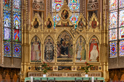Basilica di Santa Croce, Cappella Maggiore: "Madonna in trono con i quattro dottori della Chiesa.", di Niccolò Gerini e Giovanni del Biondo, polittico. 