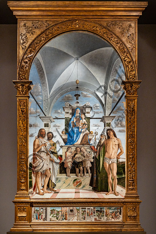 “Enthroned Madonna with infant Jesus  among Saints John the Baptist, Bartholomew, Agustine, Sebastian and three angels playing music”, by Bartolomeo Montagna, oil painting, 1485.