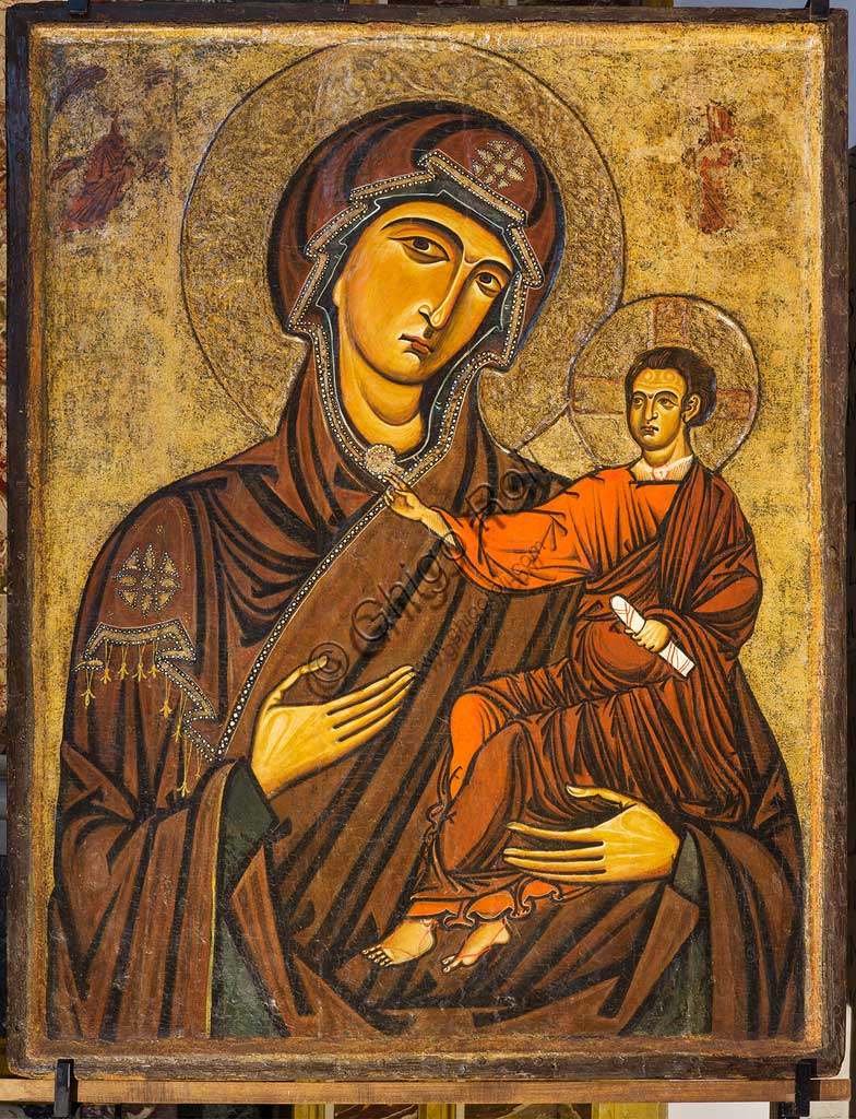  Monreale Cathedral: "Madonna Odigitria" (Virgin and Child), also called "Madonna Bruna", by an unknown Southern painter; mid-13th century.