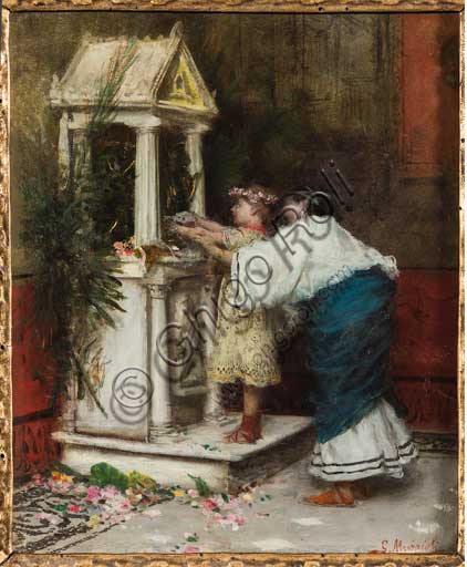 Collezione Assicoop - Unipol, inv. n° 474 :  Giovanni Muzzioli (1854 - 1894); "Madre e figlia davanti ad un tempietto"; olio su tela.