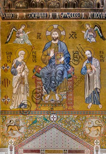 Palermo, Palazzo Reale o Palazzo dei Normanni,  Cappella Palatina (Basilica), controfacciata: mosaico "Maestà di Cristo in trono tra i santi Pietro e Paolo", XII secolo.