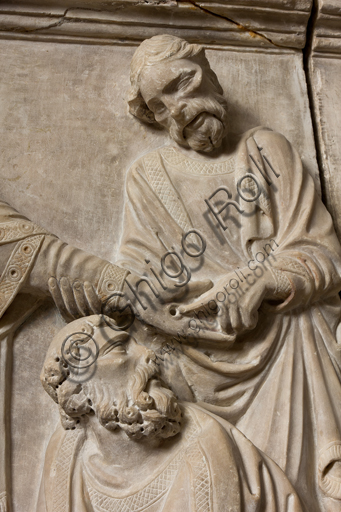 , Genova, the Diocesan Museum: the funeral monument of Cardinal Luca Fieschi, by the worskhop of Giovanni di Balduccio from Pisa, about 1336. Detail with Christ's hand and Apostles.