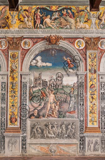 Mantova, Palazzo D'Arco, Sala dello Zodiaco: il segno del Cancro, con Ercole che combatte l'Idra di Lerna osservato da Giunone. Sullo sfondo: il Colosseo. Affresco di Giovan Maria Falconetto, 1515 circa.