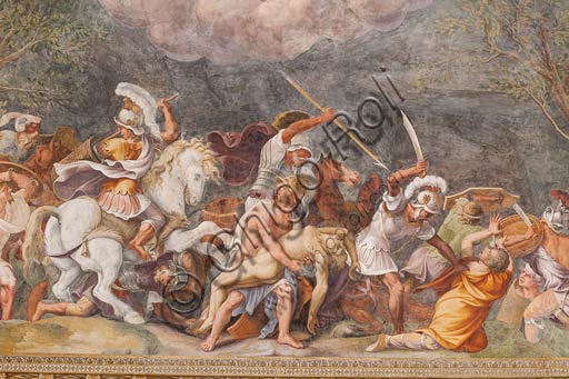 Mantova, Palazzo Ducale (residenza dei Gonzaga), Sala di Troia: Aiace difende il cadavere di Patroclo durante la guerra di Troia. Affreschi di Giulio Romano e aiuti (1538 - 1539).