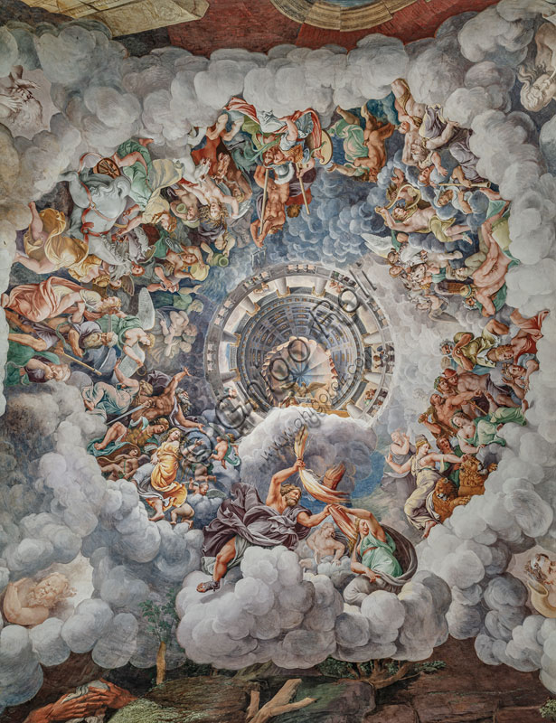 Mantua, Palazzo Te: the vault of the Room of Giants. The gods of Olympus, commanded by Jupiter, are preparing to counter the attack of the Giants.