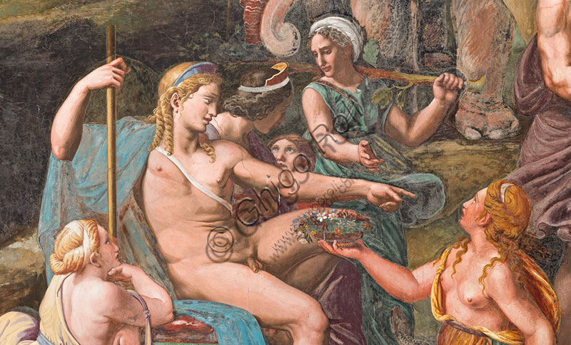 Mantova, Palazzo Te, Camera di Psiche: “Il banchetto nuziale di Amore e Psiche in un consesso di dei”. Dettaglio con Apollo che siede circondato da donne che gli offrono frutti e fiori.