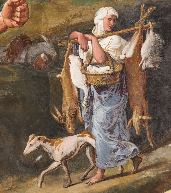 Mantova, Palazzo Te, Camera di Psiche: “Il banchetto nuziale di Amore e Psiche in un consesso di dei”. Dettaglio con una donna preceduta dal cane che trasporta prede di caccia.