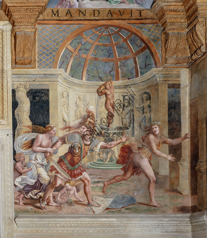 Mantova, Palazzo Te, Camera di Psiche: parete settentrionale: “Marte, Venere e Adone” .Marte con la spada sguainata insegue Adone, sorpreso nelle stanze della casa, mentre Venere cerca invano di trattenerlo. Un amorino osserva che la dea si ferisce il piede destro con le spine di un rosaeto. Secondo il mito ad ogni anniversario della morte di Adone le rose bianche che adornano il suo sepolcro si colorano di rosso del sangue sparso per lui dalla dea.  