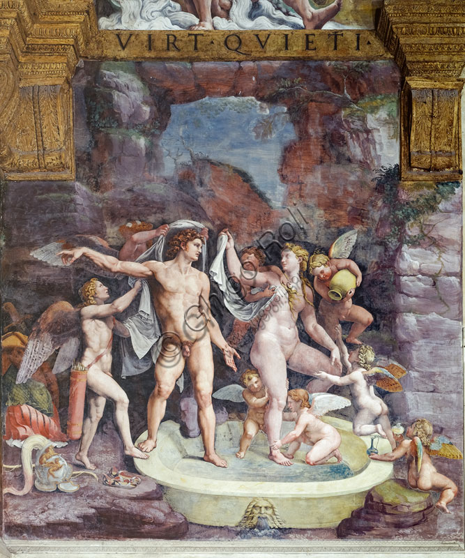 Mantua, Palazzo Te, Room of Psiche, northern wall: “"Venus and Mars bathing”; Eros and some cupids attend the goddess's bath. 